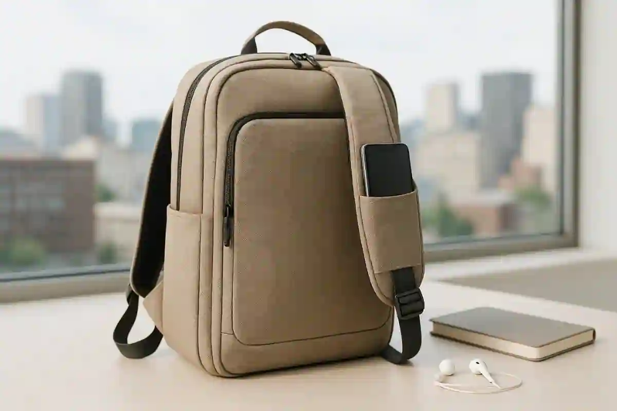Modern backpack with phone pocket on shoulder strap, perfect for commuting, travel, and everyday carry.
