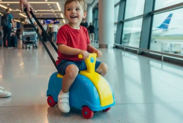 Toddler riding a colorful kids’ ride-on suitcase in an airport