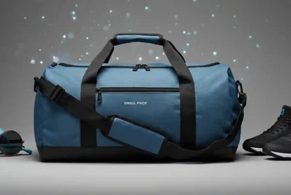 Premium smell-proof duffel bag with gym shoes and travel accessories on a clean background, highlighting odor-blocking carbon lining and airtight zippers.