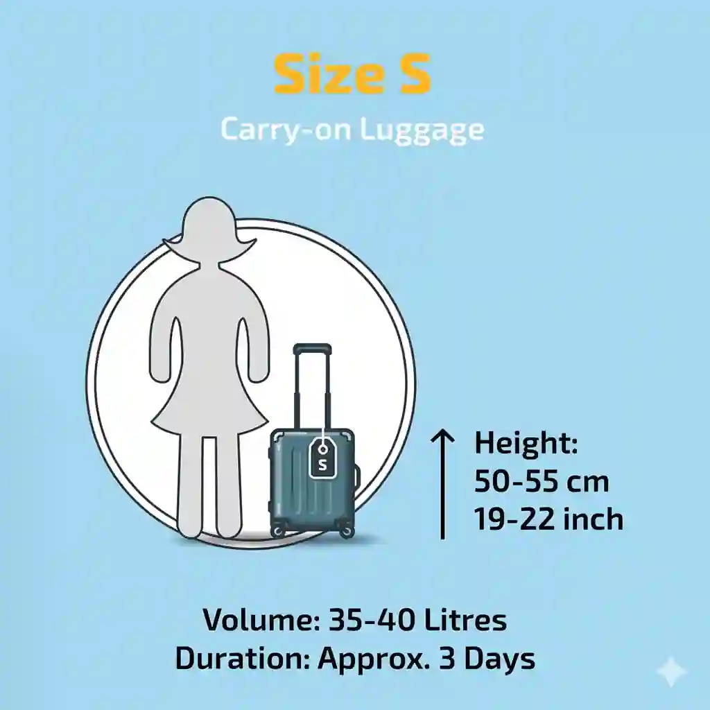Small cabin suitcase, size S, suitable for 2–3 day trips with 35–40 litre capacity and airline-friendly dimensions.