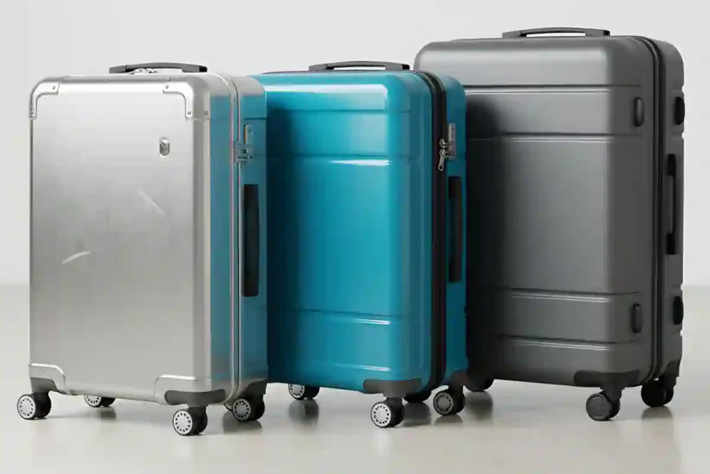 Line-up of aluminium, polycarbonate, and ABS suitcases side by side, showing differences in style and build.