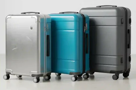 Line-up of aluminium, polycarbonate, and ABS suitcases side by side, showing differences in style and build.