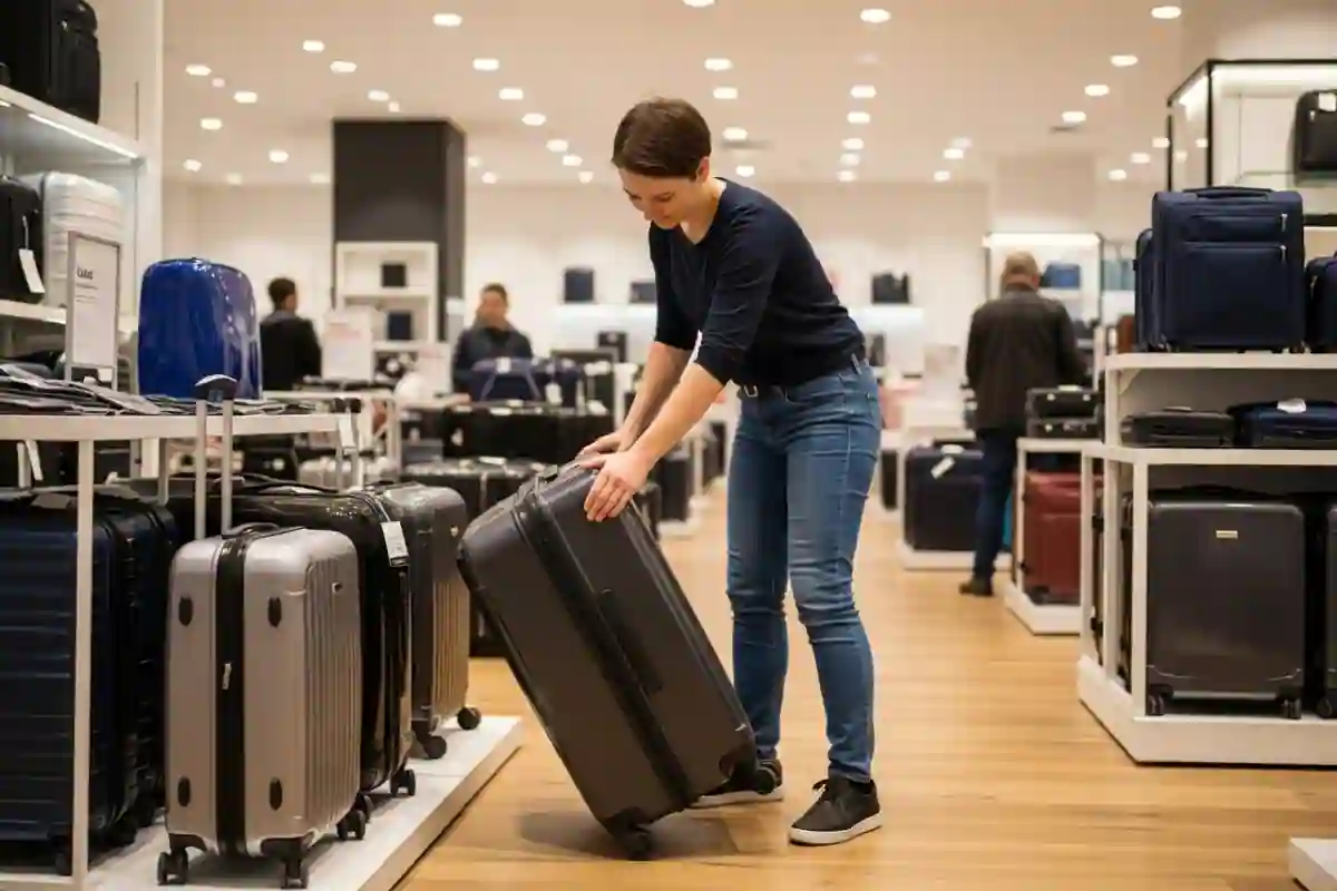 Close-up of a glossy hard-shell suitcase being wiped clean with a cloth, highlighting its easy-to-maintain, waterproof surface.