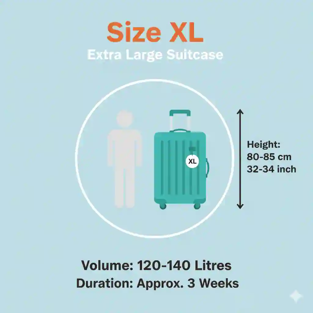 Extra-large suitcase, size XL, with 120–140 litre capacity, 80–85 cm tall, suitable for long stays and relocations.
