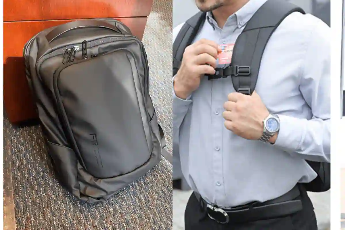 Fenruien backpack showing expandable compartment and hidden phone pocket on the shoulder strap.