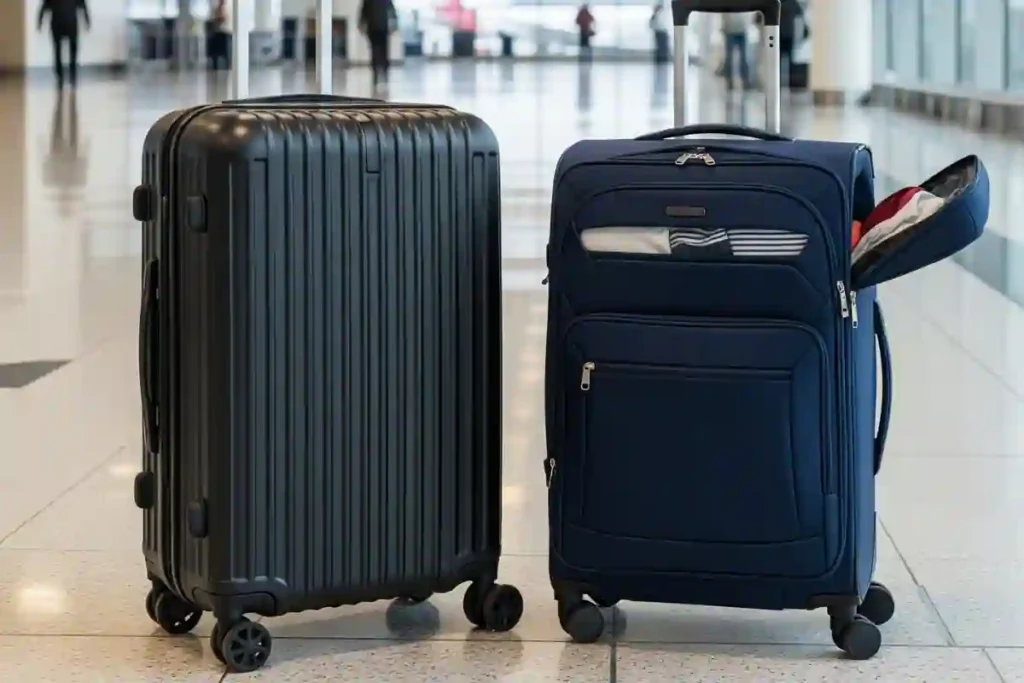 A traveler standing between a hard-shell and a soft-shell suitcase in an airport, contemplating which to choose for their trip.