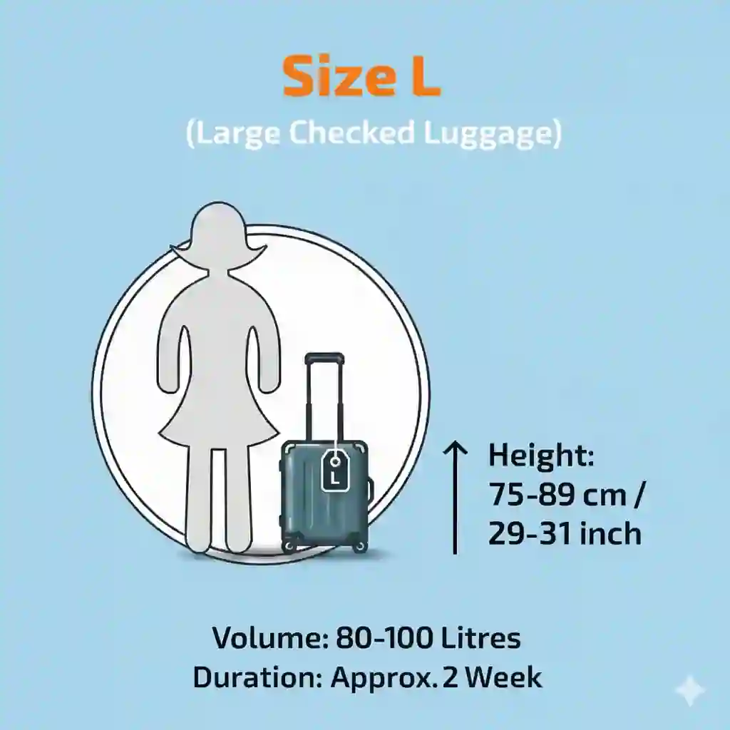 Large suitcase, size L, with 80–100 litre capacity, perfect for family trips or two-week travel, about 75–79 cm tall.