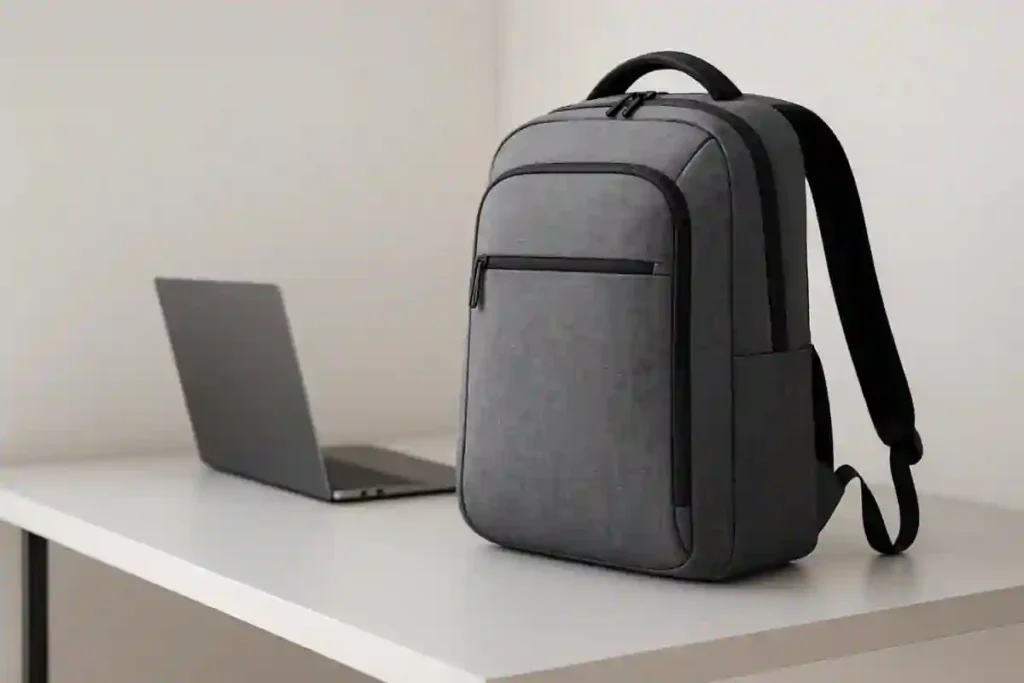 Sleek lightweight laptop backpacks arranged on a modern desk with minimalist design.