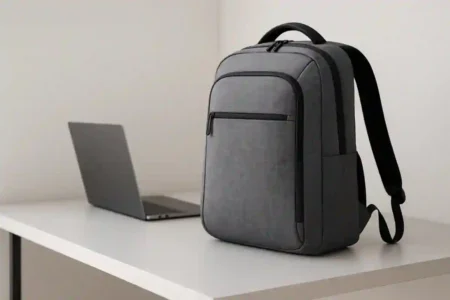 Sleek lightweight laptop backpacks arranged on a modern desk with minimalist design.