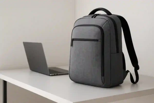 Sleek lightweight laptop backpacks arranged on a modern desk with minimalist design.