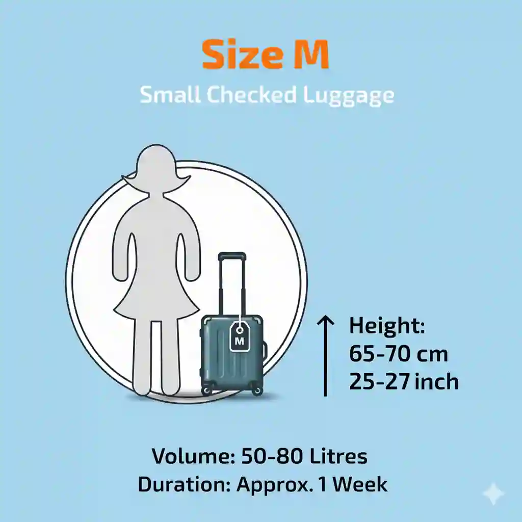 Medium suitcase, size M, ideal for one-week holidays with 50–80 litre packing capacity and 65–70 cm height.