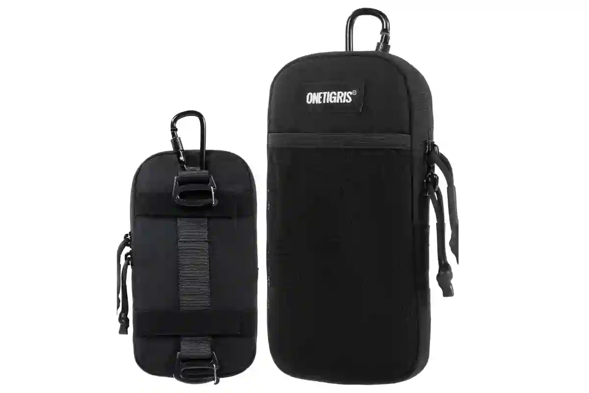 Clip-on modular backpack strap pouch holding a phone and small essentials, showing versatility for commuting and travel.