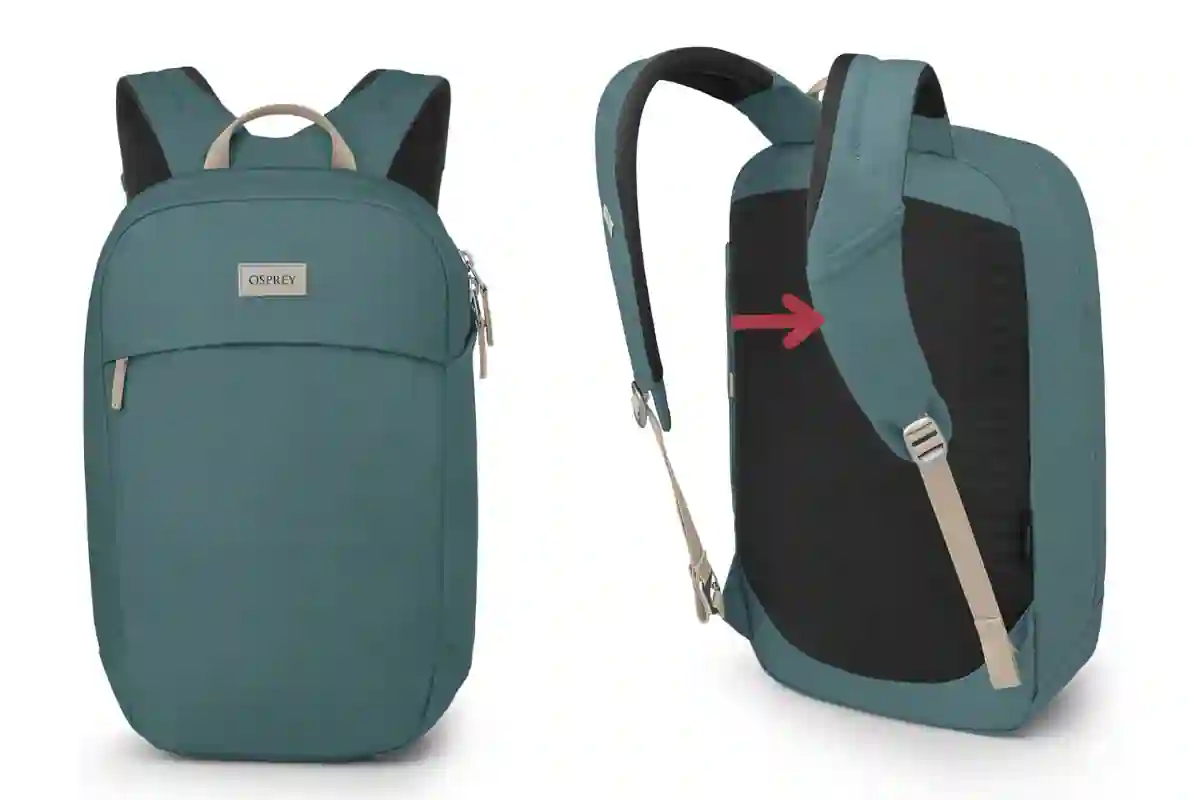 Osprey Arcane backpack with shoulder strap pocket for quick phone, card, or earbuds access.