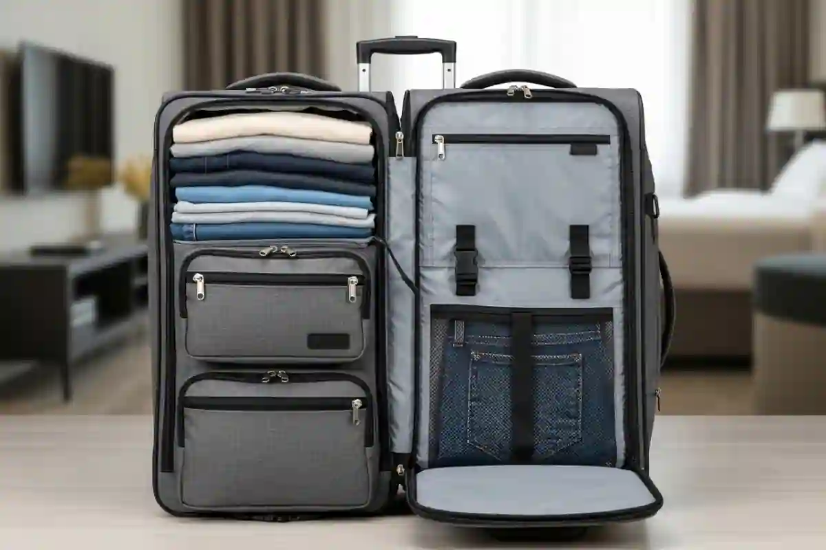 A hand reaching into an exterior zippered pocket of a navy blue soft-shell suitcase, demonstrating quick access to travel essentials like a passport