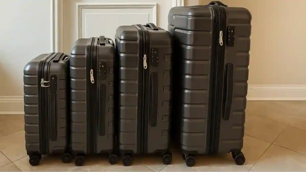 Different suitcase sizes lined up side by side showing carry-on, medium, large, and extra-large luggage
