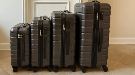 Different suitcase sizes lined up side by side showing carry-on, medium, large, and extra-large luggage