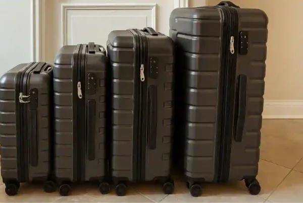Different suitcase sizes lined up side by side showing carry-on, medium, large, and extra-large luggage