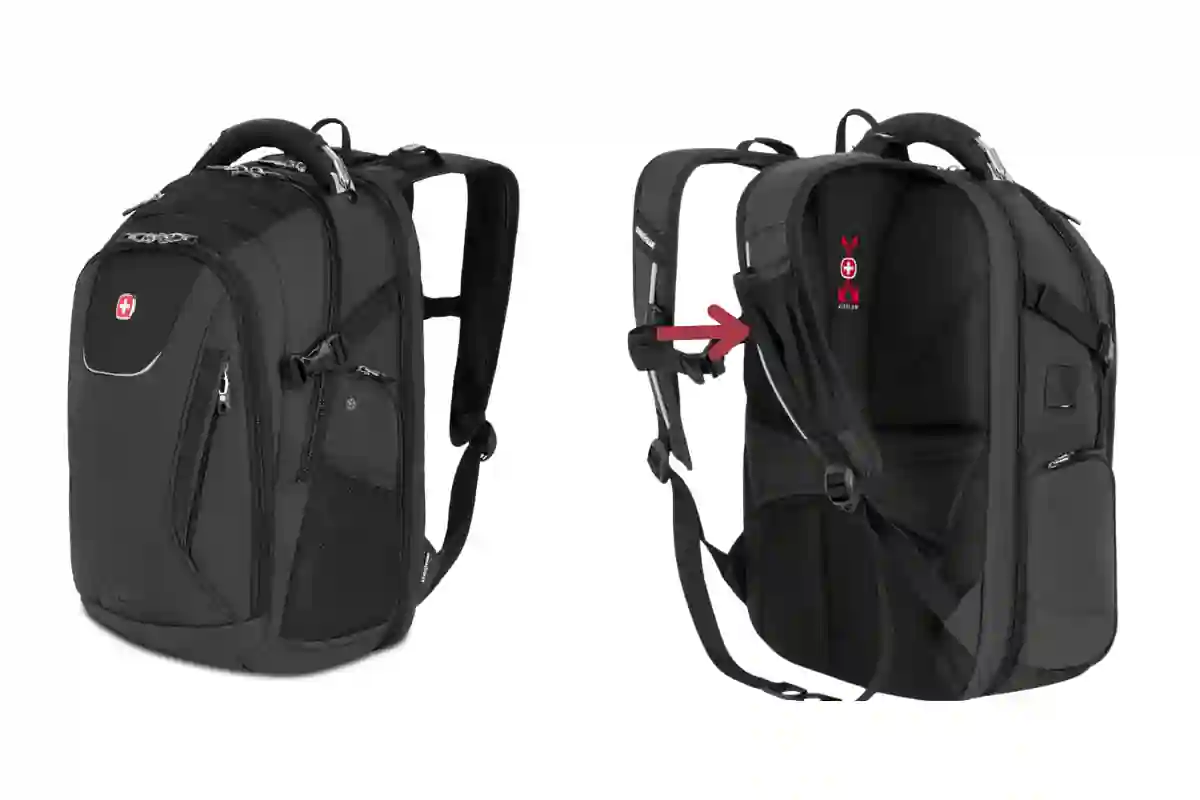 SwissGear backpack with shoulder strap phone pocket and USB charging port, perfect for travel and daily use.