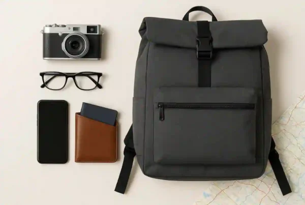 Five travel backpacks for 2025 arranged neatly with travel essentials like passport, boarding pass, laptop, and water bottle, showcasing durable, organized, and TSA-friendly designs for business trips, weekend getaways, and adventures.