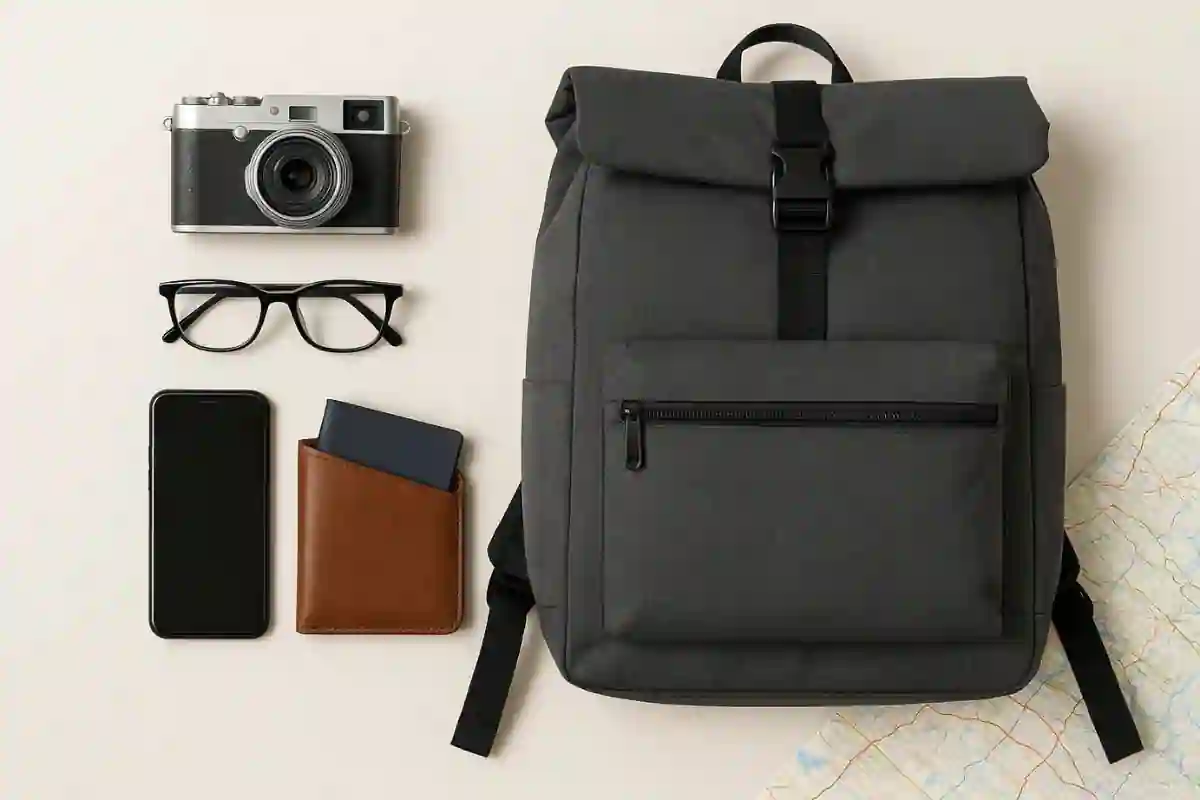 Five travel backpacks for 2025 arranged neatly with travel essentials like passport, boarding pass, laptop, and water bottle, showcasing durable, organized, and TSA-friendly designs for business trips, weekend getaways, and adventures.