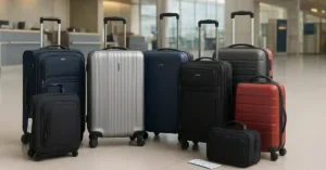 A row of large best checked luggage suitcases, including hard and soft shell models.