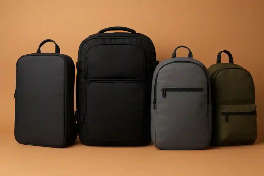 Illustration of backpack dimensions showing height, width, depth, and volume in liters for everyday, school, and travel backpacks.