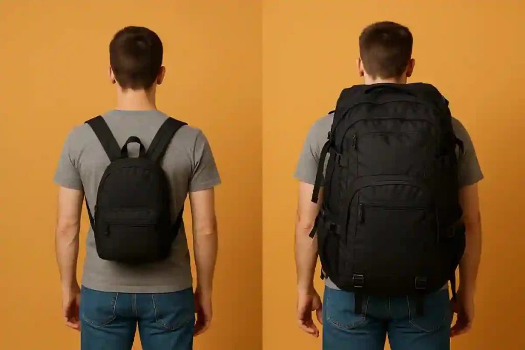 Backpack Size Guide: What are Normal Backpack Dimensions & Liters? 8 Backpack Size Guide: What are Normal Backpack Dimensions & Liters?-Split image showing three backpacks with text overlays: school backpack 22L, work backpack 28L, and travel backpack 35L.