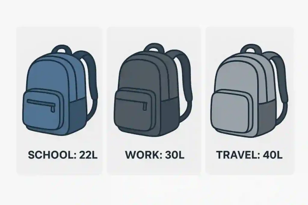 Backpack Size Guide: What are Normal Backpack Dimensions & Liters? 11 Grid showing school backpack (22L), work backpack (25L), and travel daypack (30L) with labeled sizes.