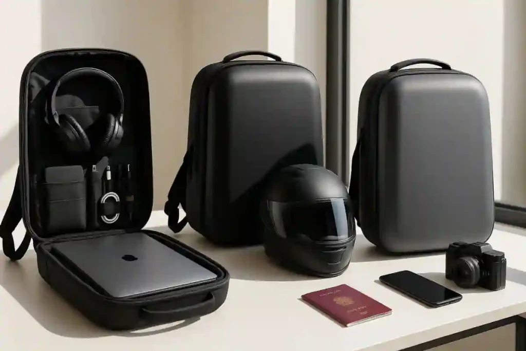 Modern hard shell backpacks displayed with laptop and travel essentials on a desk beside a motorcycle helmet.