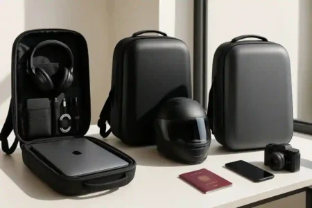 Modern hard shell backpacks displayed with laptop and travel essentials on a desk beside a motorcycle helmet.