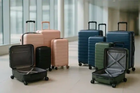 A lineup of 10 stylish hard shell suitcases in different sizes and colors, perfect for travel in 2025.