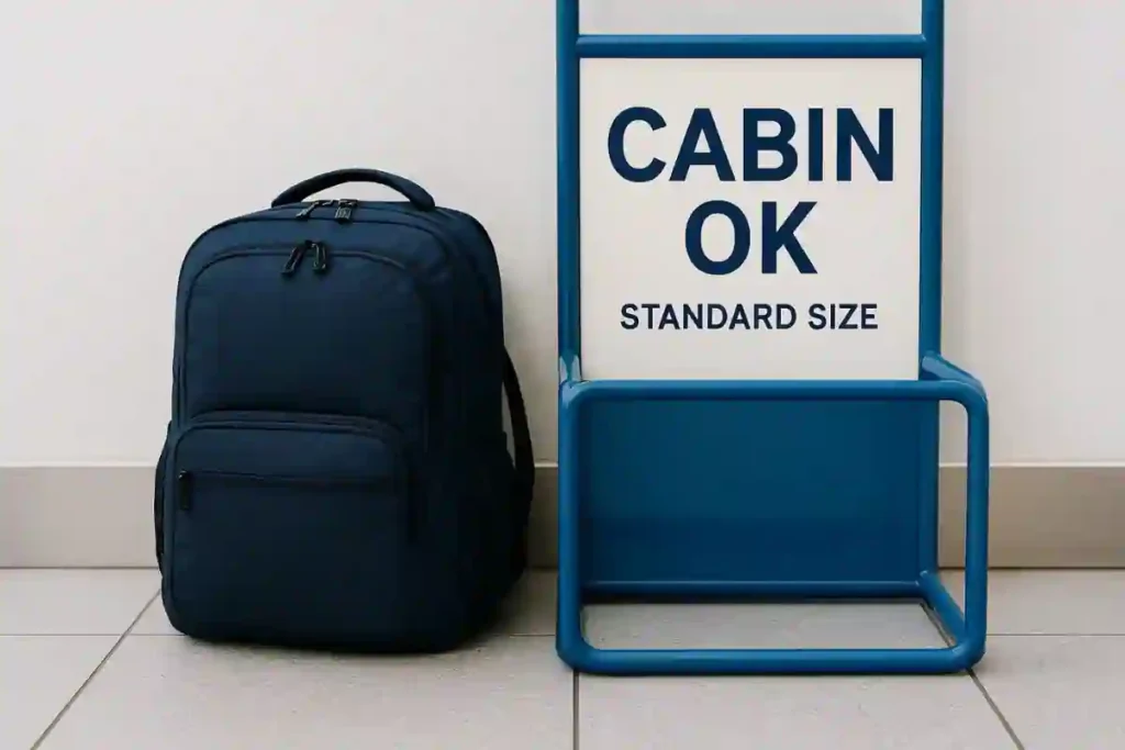 Backpack Size Guide: What are Normal Backpack Dimensions & Liters? 12 Person deciding between two backpacks, one compact and one larger, with laptop and gym gear beside them.