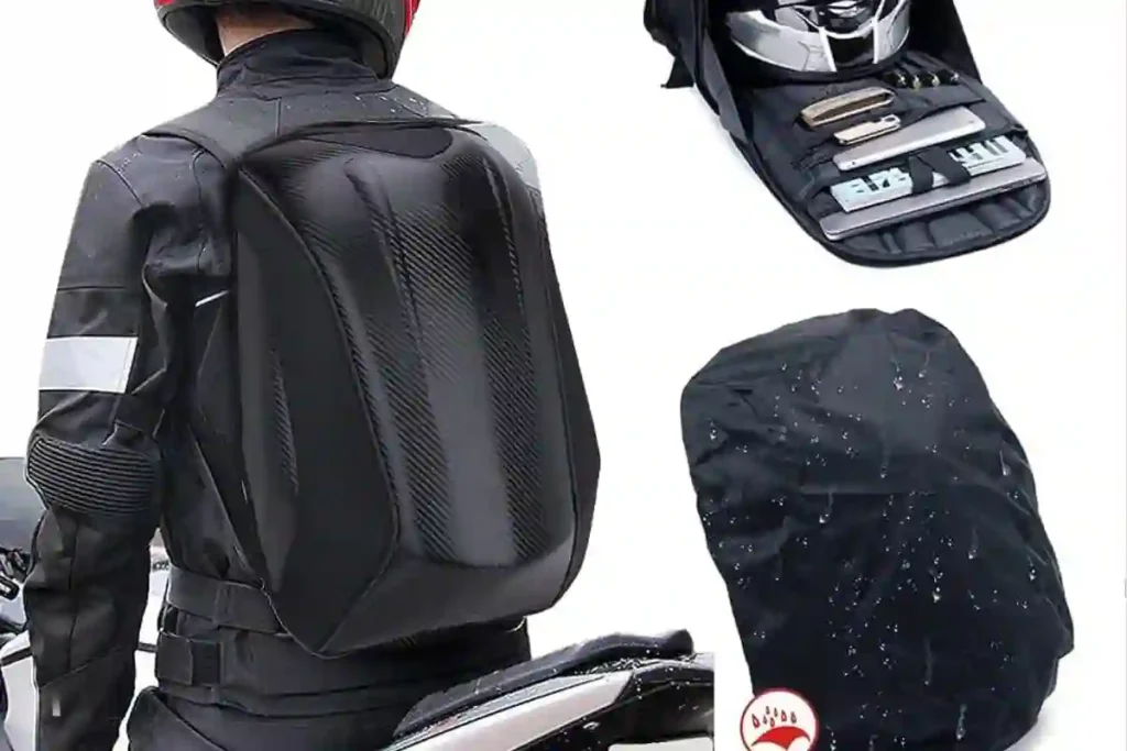 JFG hard shell backpack placed beside a motorcycle, showing its aerodynamic shape and sturdy outer shell.