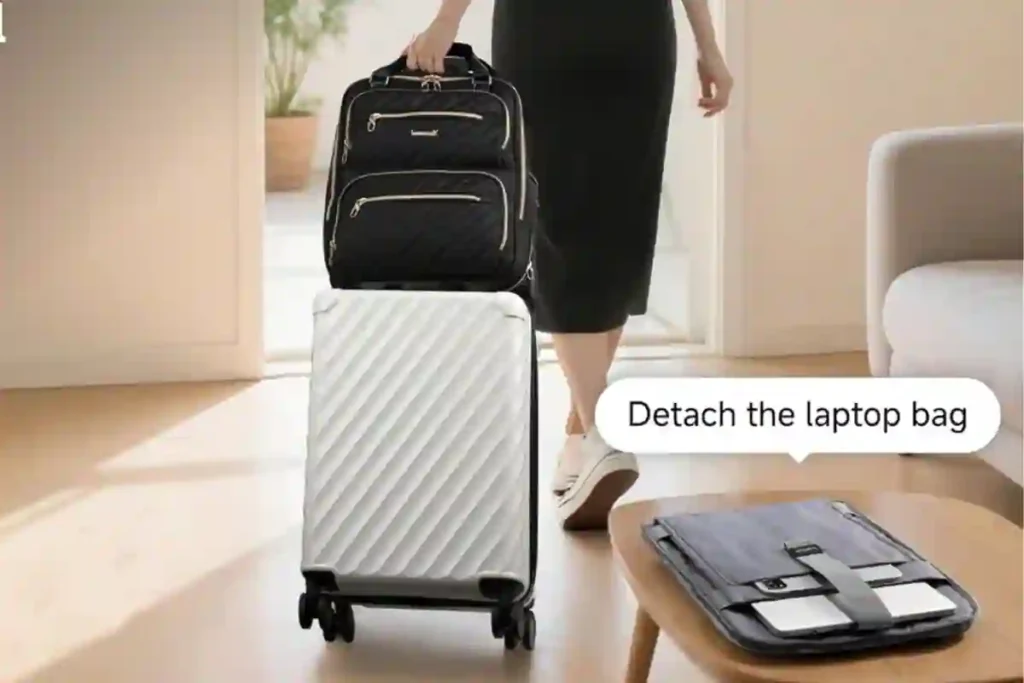 LuggeX UDK Core underseat suitcase neatly tucked below airplane seat, designed for compact lightweight travel.