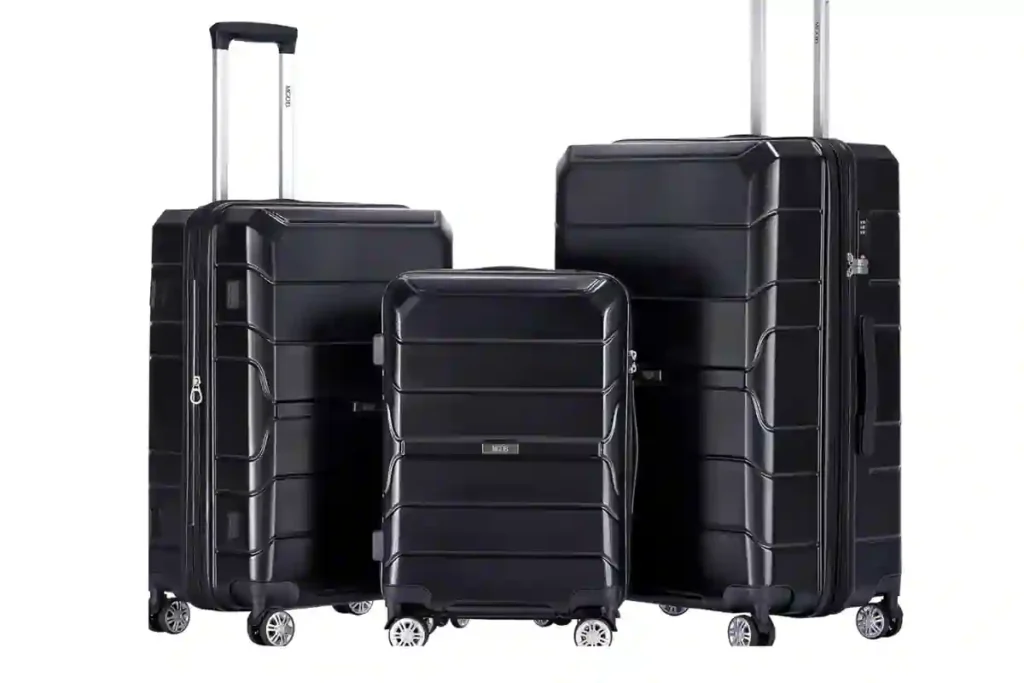 Mgob three-piece hard shell luggage with full organization compartments and cushioned handles.