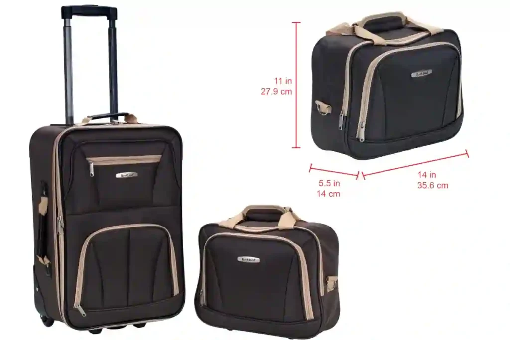 Traveller gliding a Rockland Fashion 20-inch lightweight carry-on spinner suitcase through a bright terminal.
