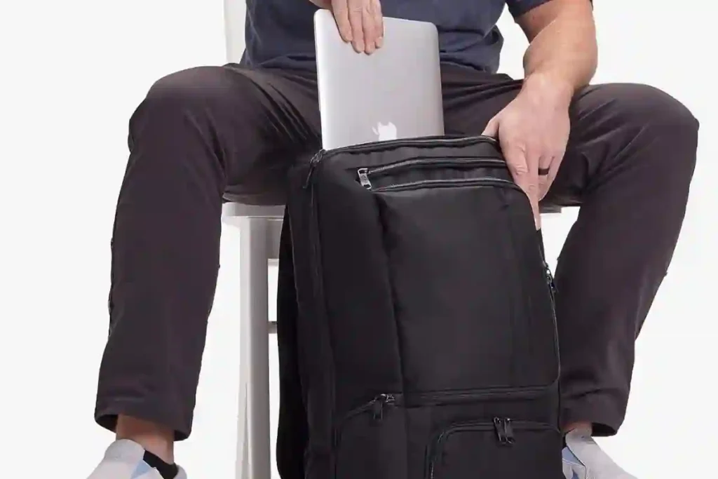 Hands-On Review: eBags Professional Slim Laptop Backpack 4 Close-up of the eBags Slim Laptop Backpack showing zippable water bottle pocket and crush-proof garage compartment for organization.