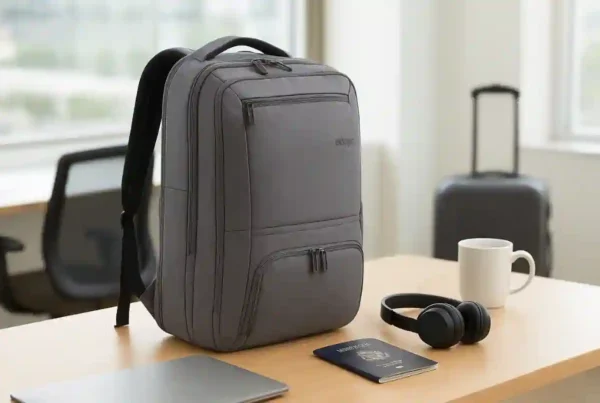 Gray eBags Professional Slim Laptop Backpack on a modern desk with passport, laptop, headphones, and coffee mug in a bright office setting.