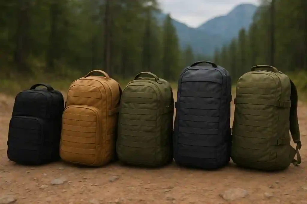 The 10 Best Tactical Backpacks on Amazon for 2026: Field-Tested Reviews A lineup of rugged tactical backpacks displayed outdoors on a rocky surface, featuring military-style MOLLE webbing and gear-ready designs — showcasing the best tactical backpacks for EDC, prepping, and travel in 2025.