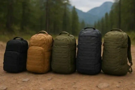 The 10 Best Tactical Backpacks on Amazon for 2026: Field-Tested Reviews A lineup of rugged tactical backpacks displayed outdoors on a rocky surface, featuring military-style MOLLE webbing and gear-ready designs — showcasing the best tactical backpacks for EDC, prepping, and travel in 2025.
