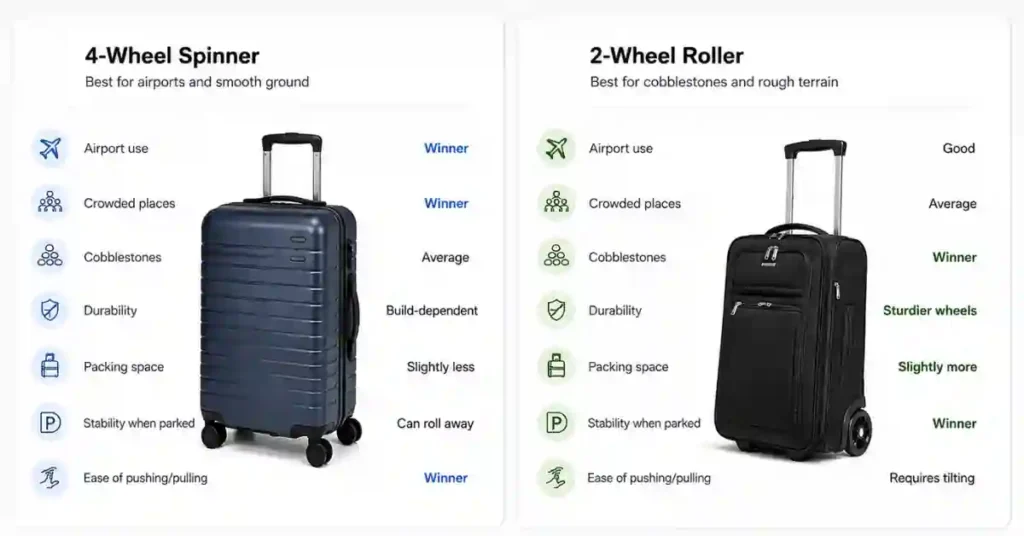 4 Wheel vs 2 Wheel Suitcase: Which One Is Better for Travel in 2026? 1 Comparison table of 4-wheel spinner vs 2-wheel suitcase features