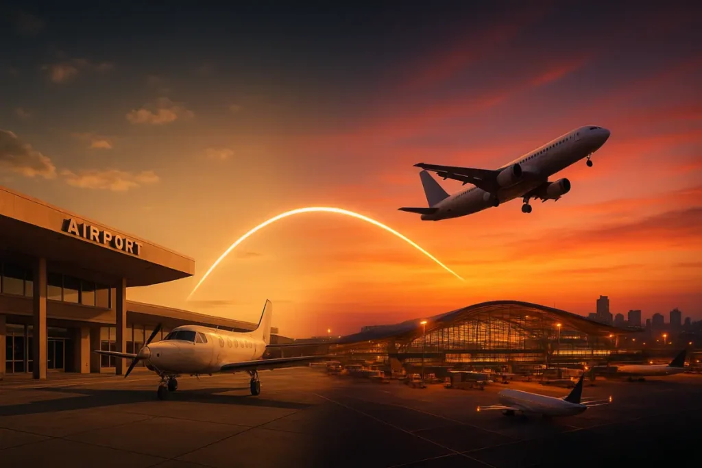 Split image showing a small regional airport connecting via a glowing line to a massive international airport hub, visualizing the 2026 'gateway hopping' money-saving travel strategy.