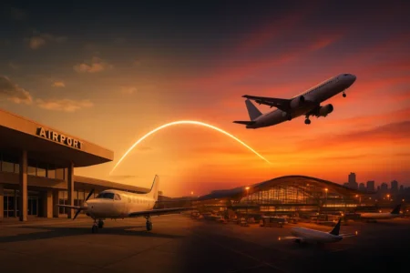 2026 Travel Trends: 10 New Rules for U.S. Travelers & Flight Savings Split image showing a small regional airport connecting via a glowing line to a massive international airport hub, visualizing the 2026 'gateway hopping' money-saving travel strategy.
