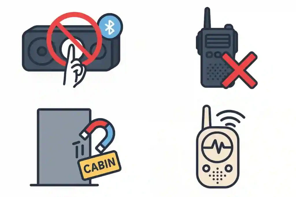 Icons representing newly banned cruise ship items for 2026, including walkie-talkies, magnetic door decorations, and a Bluetooth speaker.