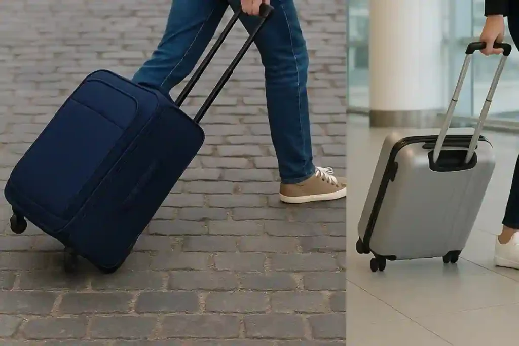 Luggage Buying Guide: How To Choose the Right Suitcase for Your Next Trip 2 Visual comparison showing a person dragging a tiring 2-wheel bag on cobblestones next to another person easily rolling a 4-wheel spinner upright on smooth airport floor.
