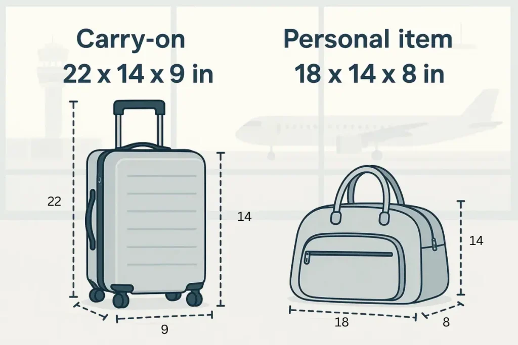 Infographic showing the official American Airlines carry-on size (22x14x9) and the personal item size limits.