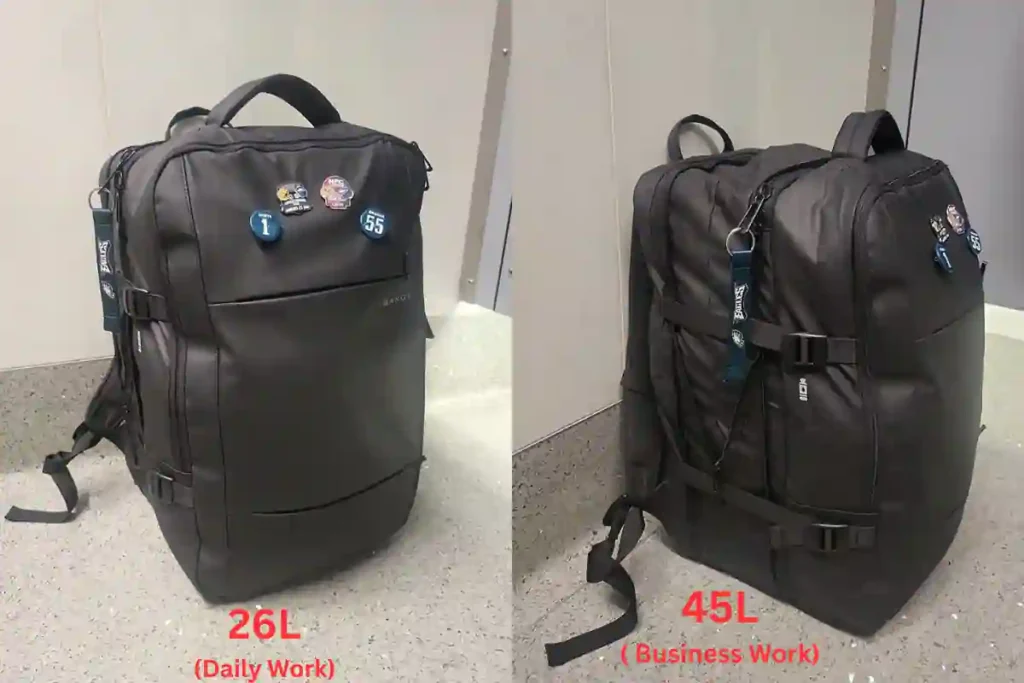 Expandable BANGE 45L backpack on luggage trolley at airport