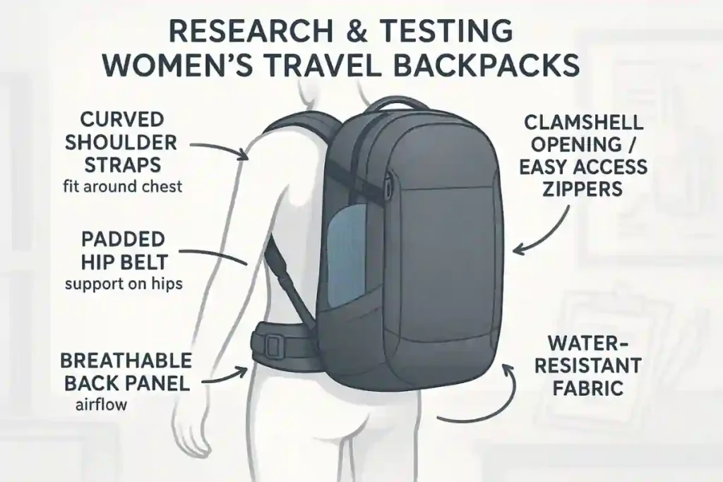 Top 9 Expert-Approved Travel Backpacks for Women (2026): Comfort, Versatility & Fit 1 A close-up of a woman testing the fit of a travel backpack, showing the curved shoulder straps and padded hip belt designed for comfort and the female body's specific pressure points.