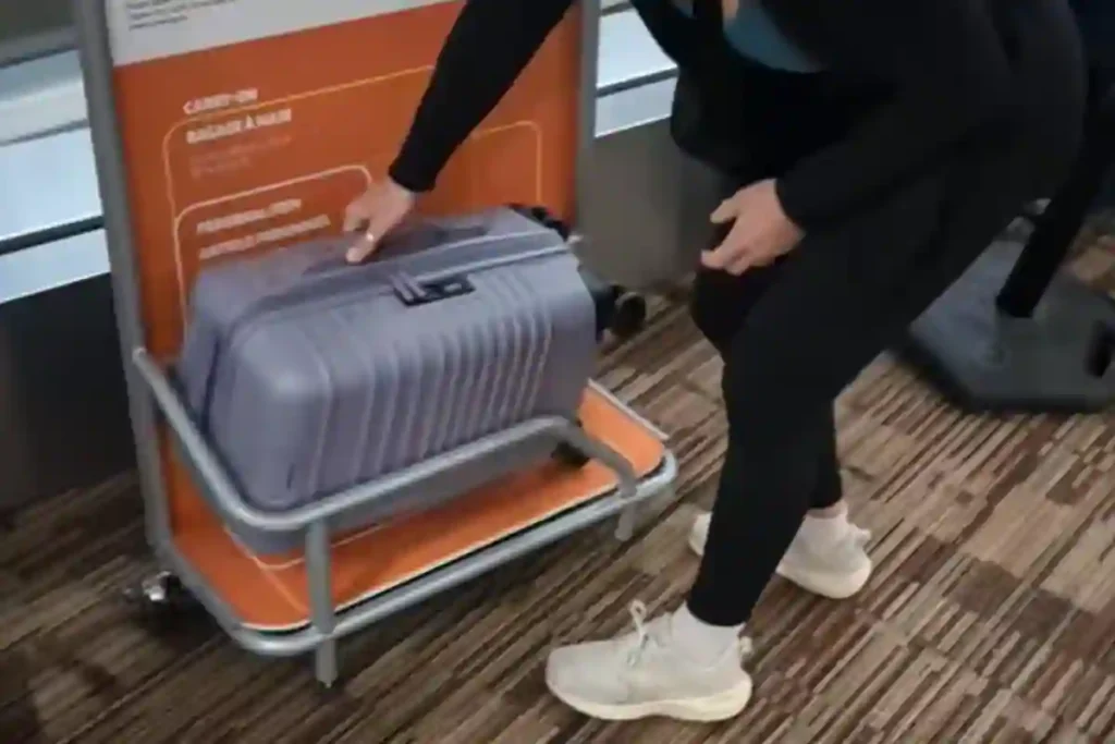 STOP GUESSING: 8 Best Carry-On Bags That ACTUALLY Fit Airline Sizers (Tested on 39 Airlines) 2 Close-up of a suitcase showing full external measurements including wheels, handles, and side feet.