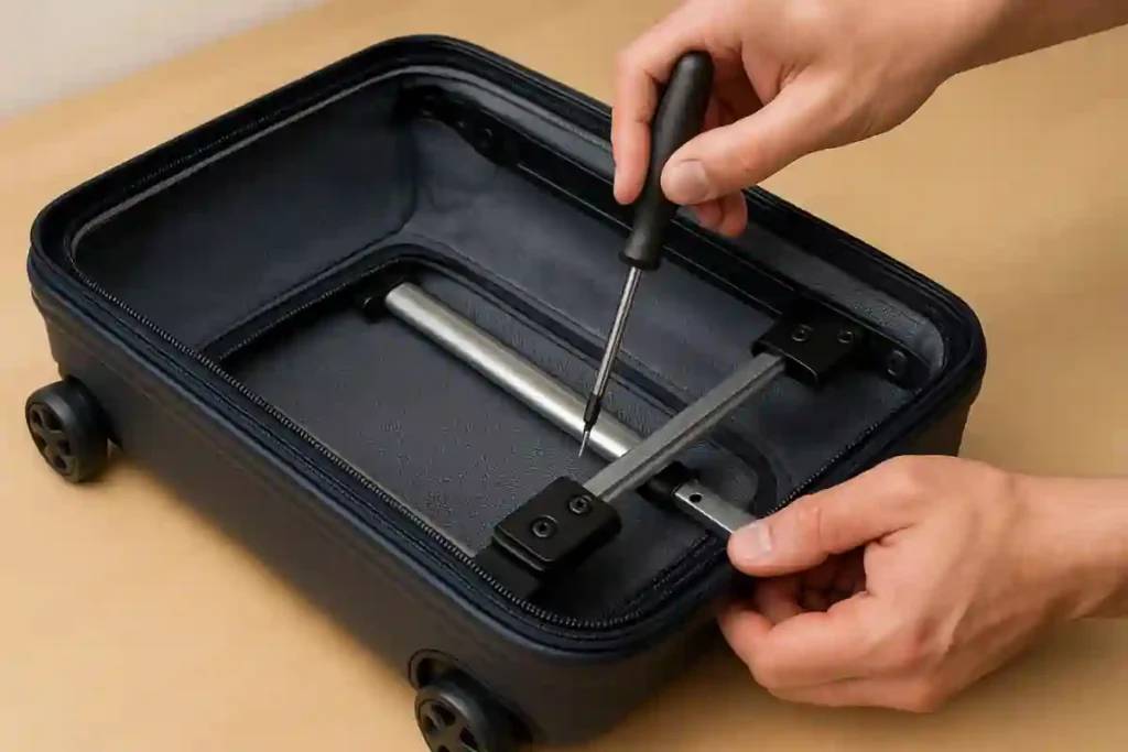 Close-up of a telescopic suitcase handle showing stuck and wobbly positions with labeled causes for each issue